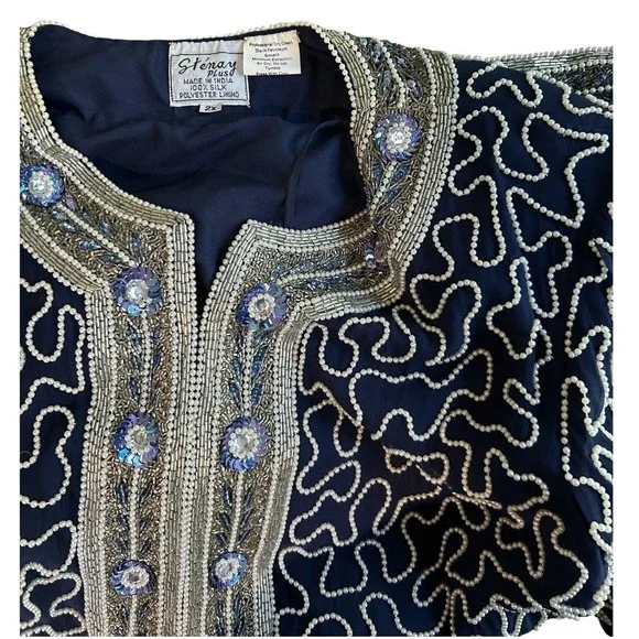 Vtg NWT Stenay Plus 80s Silk Blue embellishedBeaded Sequin Jacket Jacobsons 2X